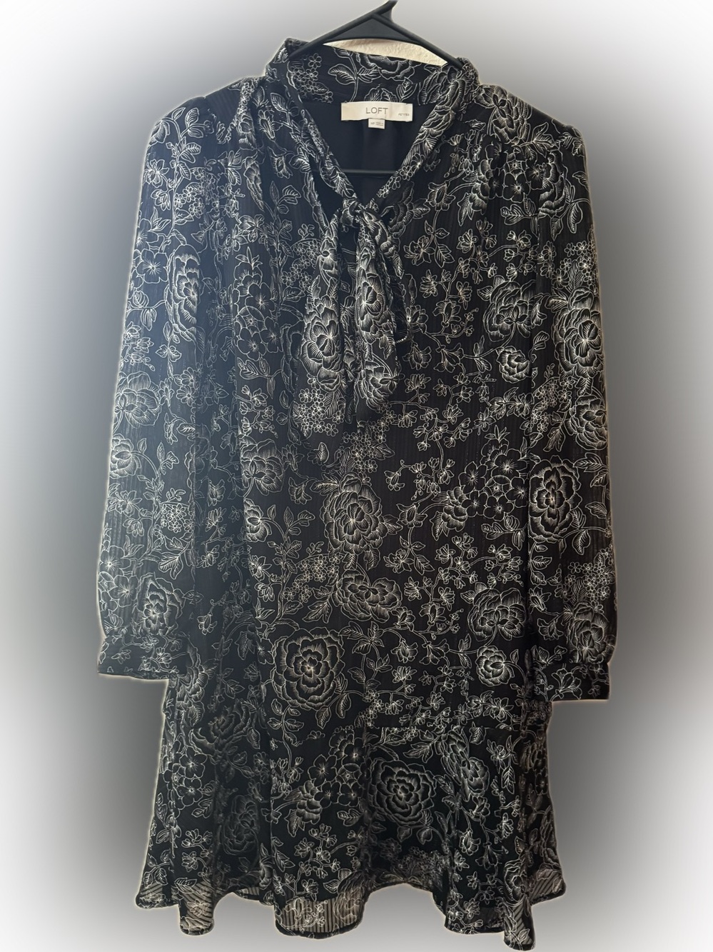 LOFT Black and White Floral Long-Sleeve Tie-Neck Dress